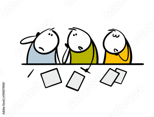 Puzzled students solve a test or a difficult task. Vector illustration cartoon man sitting at a desk in an office and unable to write commercial ideas. Unhappy colleagues at work.