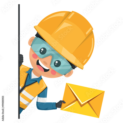 Industrial engineer with reflective vest peeking out from behind a wall with letter envelope for email. Concept of communication, notification and contact. Industrial safety and occupational health