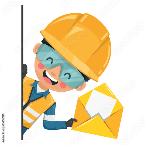 Industrial engineer peeking out from behind a wall with open letter envelope for email. Concept of communication, notification and contact. Industrial safety and occupational health at work
