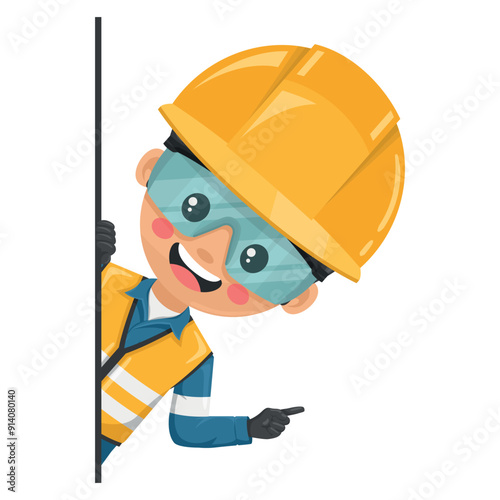 Industrial engineer with reflective vest peeking out from behind a wall pointing finger. Express an idea and indicate it with the index finger. Industrial safety and occupational health at work