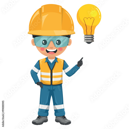 Industrial engineer with reflective safety vest, coverall, helmet, safety glasses and gloves with a  light bulb.Creative concept for the generation of ideas. Industrial safety and occupational health