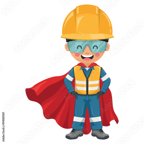 Industrial engineer hero wearing his superhero cape. Supervisor engineer with his coverall and personal protective equipment. Safety first. Industrial safety and occupational health at work
