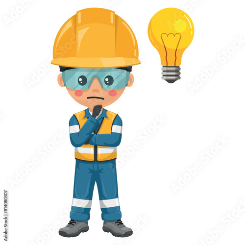 Industrial engineer expressing doubt. Focus representing an idea. Concept for the generation of ideas. Personal protective equipment. Safety first. Industrial safety and occupational health at work