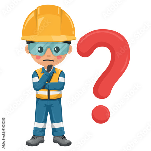 Industrial engineer pensive and expressing doubt with giant question sign for FAQ concept. Safety first. Personal protective equipment. Industrial safety and occupational health at work