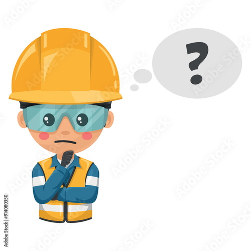 Industrial engineer thinking and expressing doubt in a new industrial project. Industrial mechanic worker with his personal protective equipment. Industrial safety and occupational health at work