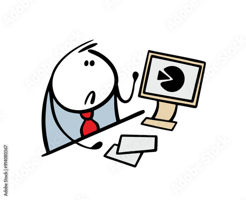 Doodle disgruntled stickman looks at the profit chart in front of the monitor, studies statistics. Vector illustration of the boss and a diagram of cartoon goods market. Commercial company, report.