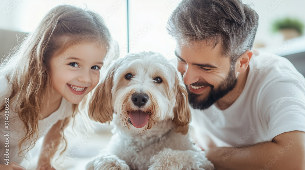 Parents and child with their dog, enjoying time on the floor, smiling and embracing, cozy and modern home, with copy space Parents and child with their dog, enjoying time on the floor, smiling and embracing, cozy and modern home, with copy space