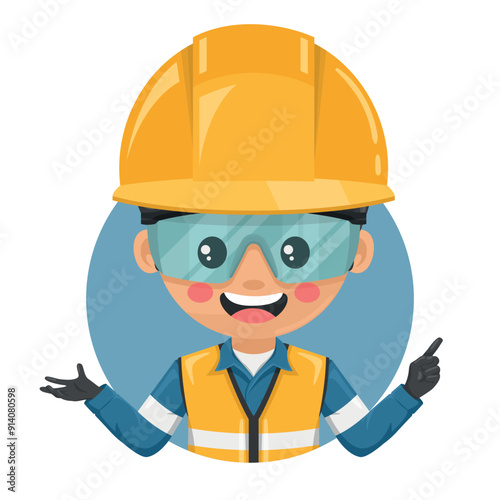 Industrial engineer dressed in reflective safety vest, coverall and helmet pointing his finger. Express an idea and indicate with the index finger. Industrial safety and occupational health at work