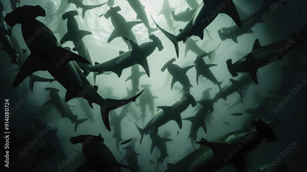 Group of hammerhead sharks swim in deep blue ocean waters, creating a mesmerizing and eerie scene. Group of hammerhead sharks swim in deep blue ocean waters, creating a mesmerizing and eerie scene.