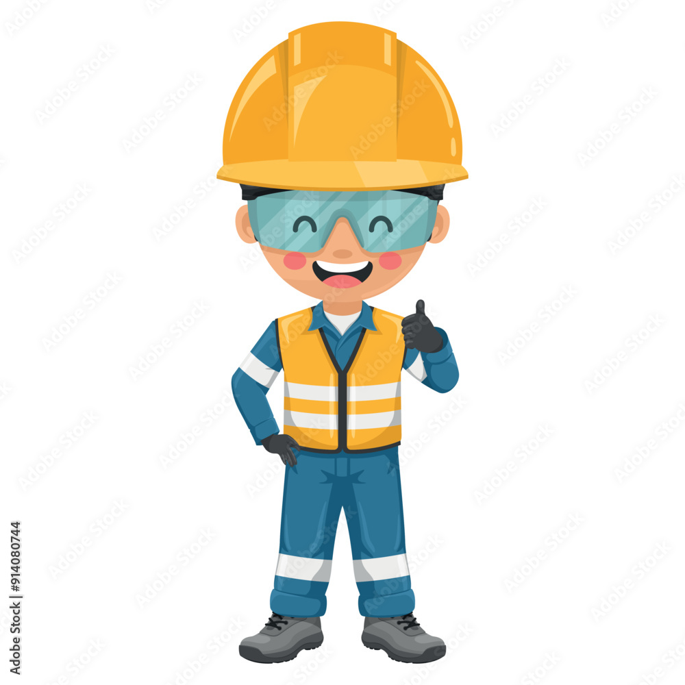 Industrial worker in blue industrial overalls with thumb up. Engineer with his personal protective equipment. Industrial safety and occupational health at work Industrial worker in blue industrial overalls with thumb up. Engineer with his personal protective equipment. Industrial safety and occupational health at work