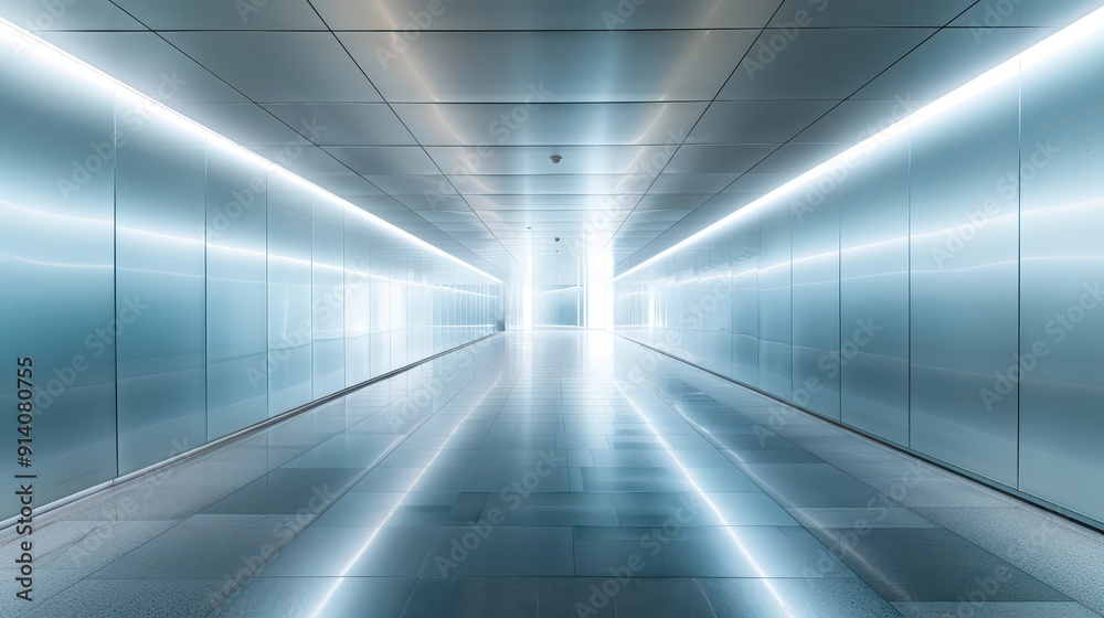 Futuristic minimalistic hallway with sleek lighting and reflective surfaces Futuristic minimalistic hallway with sleek lighting and reflective surfaces
