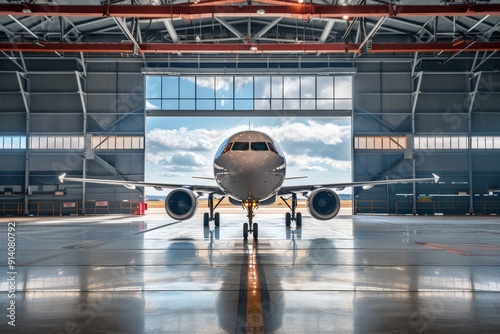 A commercial plane in a hangar with a service gate open