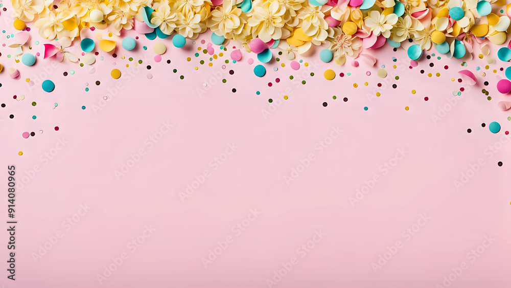 Fototapeta premium Minimalist greeting card design with empty text space, minimalist, happy birthday, happy new year, decorated with flowers and confetti. Made in bright colors. Minimalist invitation template