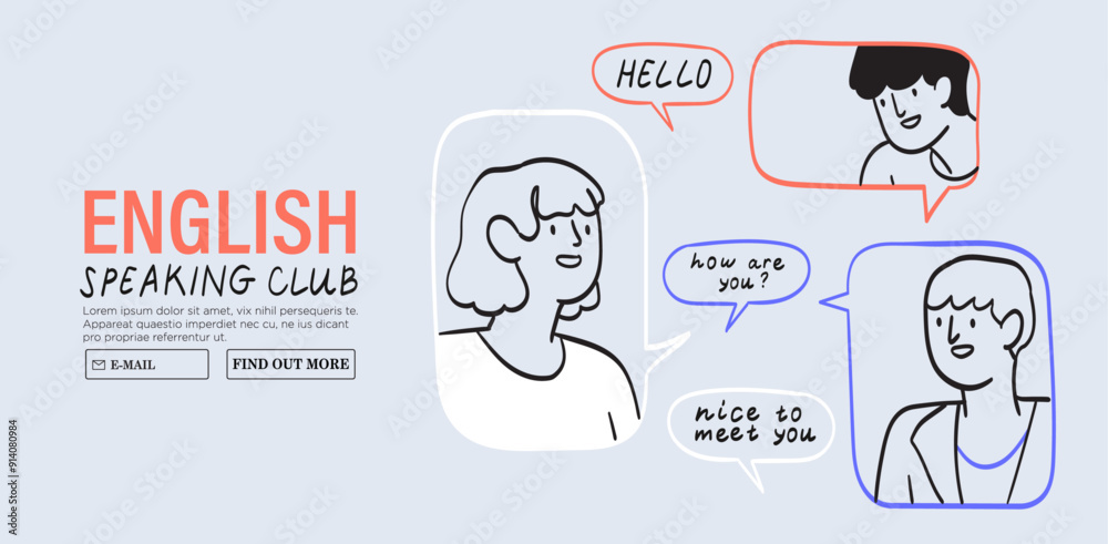 Studying foreign language online. Student speaking English in uk club and learn in internet school. Digital education, elearning concept. Line graphic vector illustration banner, social media web ad.