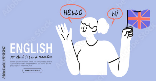 Female character hold uk flag and say hello or hi. English speaking courses or club, international language school for children and adults banner, social media or web advertisement. Native speaker.