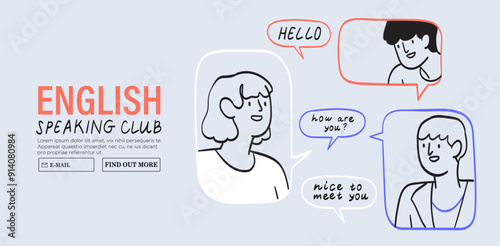 Studying foreign language online. Student speaking English in uk club and learn in internet school. Digital education, elearning concept. Line graphic vector illustration banner, social media web ad.