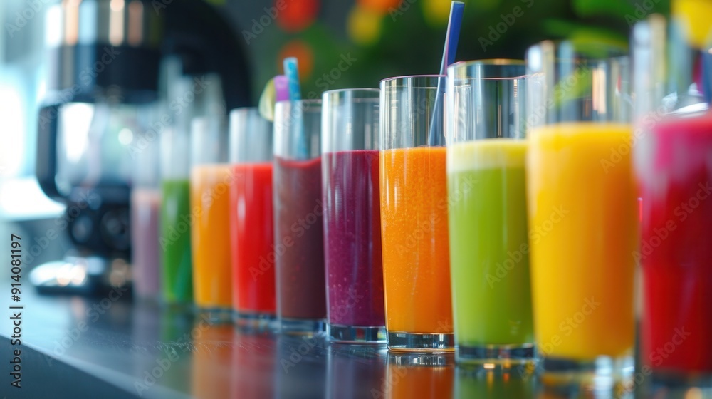 Colorful fresh fruit juice drink in a row on table in a fruit drink store Colorful fresh fruit juice drink in a row on table in a fruit drink store