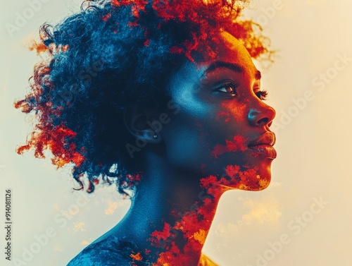 A vibrant portrait of a woman with artistic floral overlays, showcasing beauty and creativity in a striking profile shot.