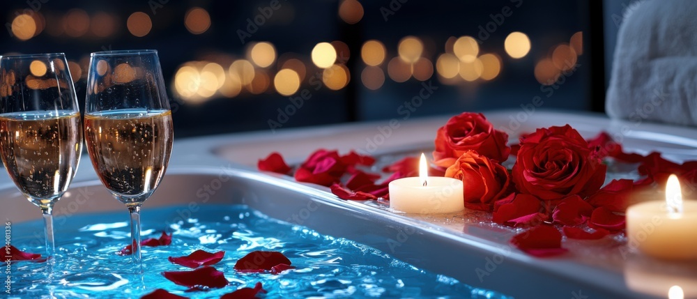 Fototapeta premium Romantic evening with glasses of champagne, rose petals, and candles beside a serene water bath, perfect for relaxation.
