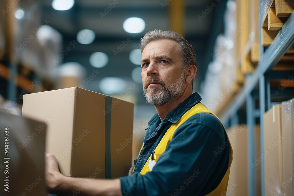 A warehouse worker with a beard holding a large box, standing in a busy storage area filled with shelves and packages. A warehouse worker with a beard holding a large box, standing in a busy storage area filled with shelves and packages.