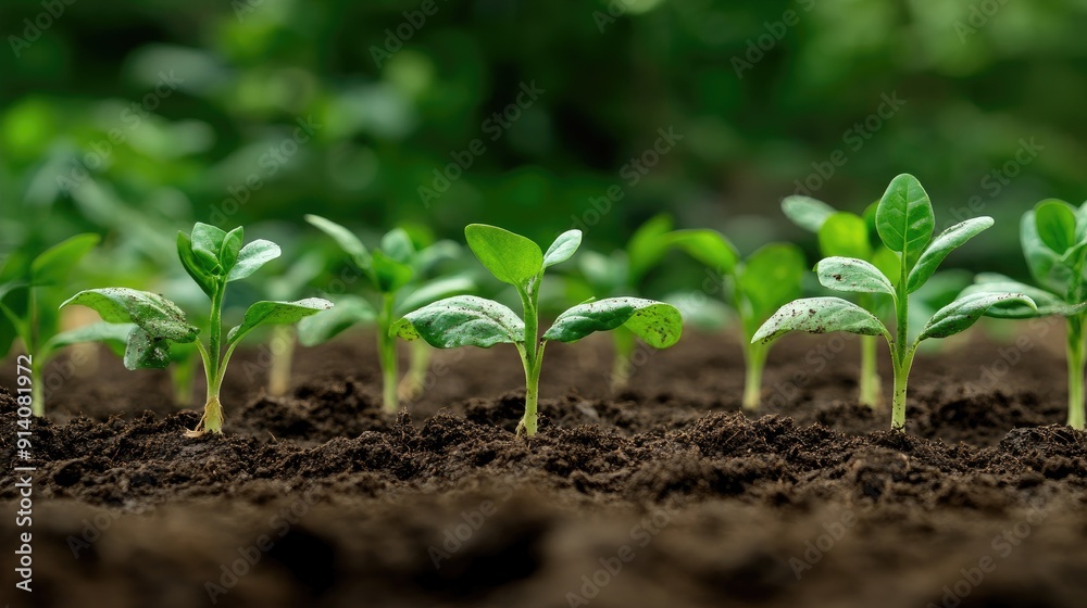 Close-up of seedlings sprouting in rich, fertile soil, with vibrant green leaves and a nurturing environment Close-up of seedlings sprouting in rich, fertile soil, with vibrant green leaves and a nurturing environment