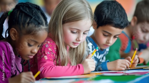 A diverse group of students engaging in an inclusive education setting, with children from various backgrounds learning together in a vibrant classroom, using a mix of traditional and digital tools