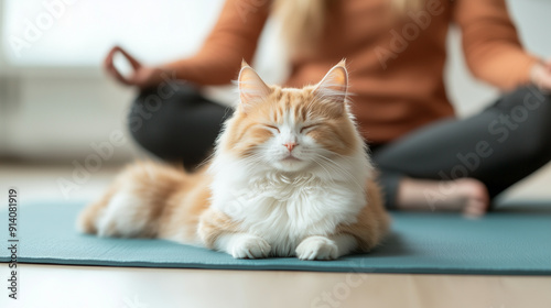 Emotional support cat aiding a person during meditation at home: A person sitting on a yoga mat at home, meditating with their emotional support cat lying nearby, enhancing their s photo