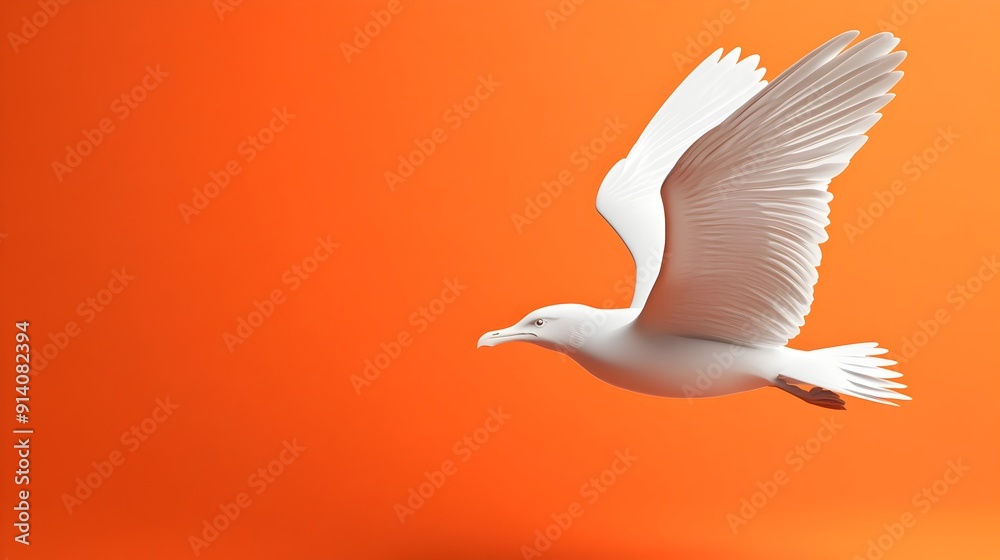 Obraz premium Graceful White Seagull Soaring Over Peaceful Orange Skyscape