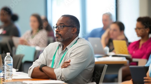 A thought-provoking digital divide workshop, where educators and policymakers discuss strategies to ensure equitable access to technology and educational resources, highlighting the challenges and