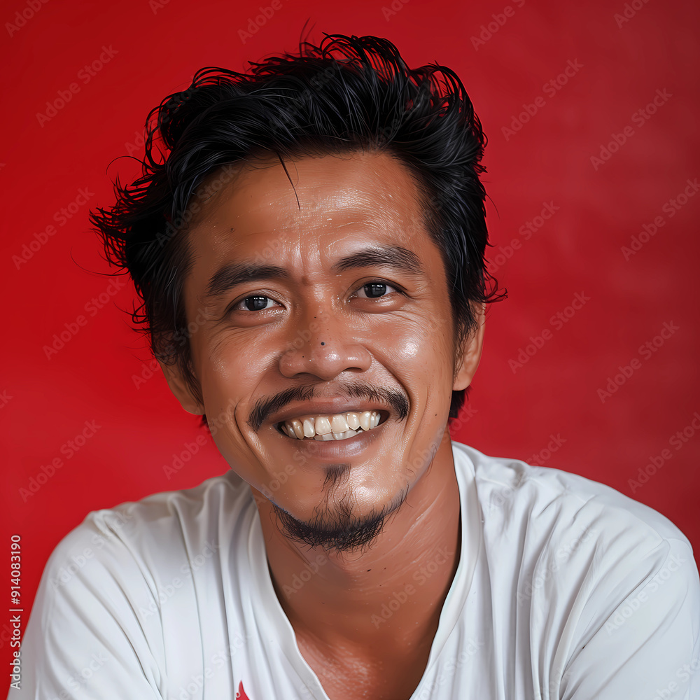 Headshot portrait of South East Asian man posing for camera. Handsome Indonesian man smiling and wearing white tshirt. Positive male posing in red background studio Headshot portrait of South East Asian man posing for camera. Handsome Indonesian man smiling and wearing white tshirt. Positive male posing in red background studio