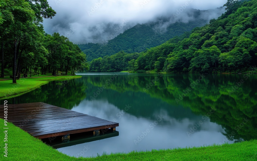 Fototapeta premium Serene lake reflecting lush greenery and mountains under a cloudy sky, creating a tranquil natural landscape.
