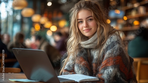 College Student Engaged in Study Session at Coffee Shop During Afternoon