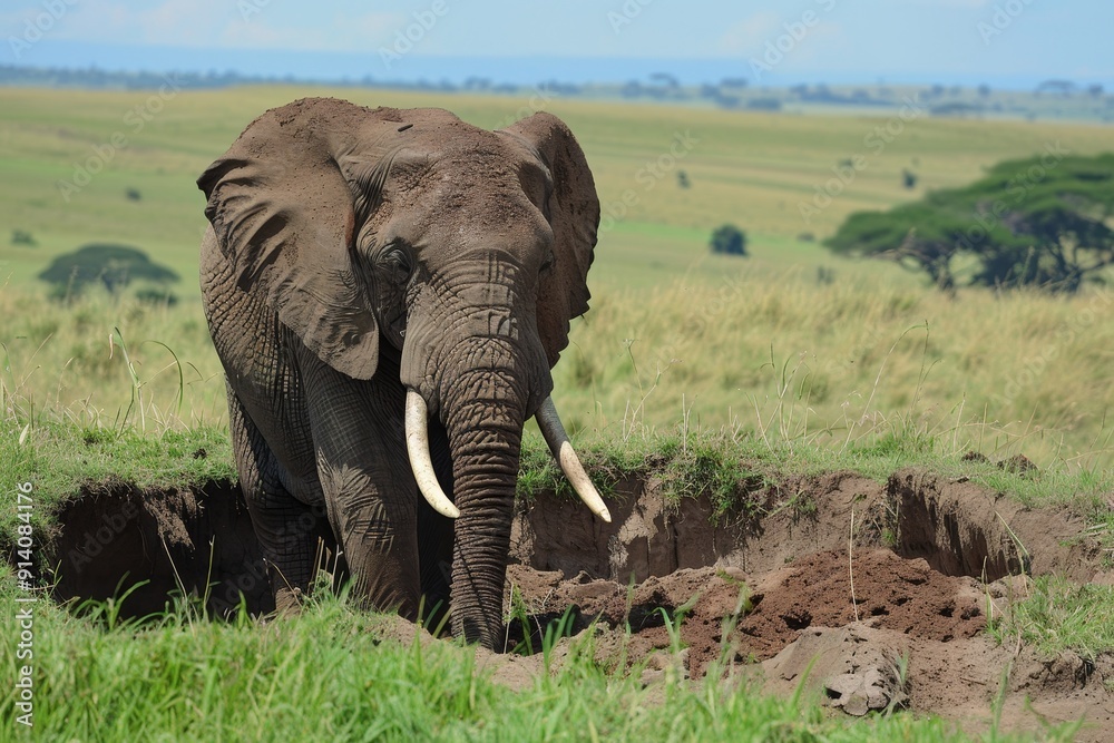 Fototapeta premium African elephant digging hole with tusks