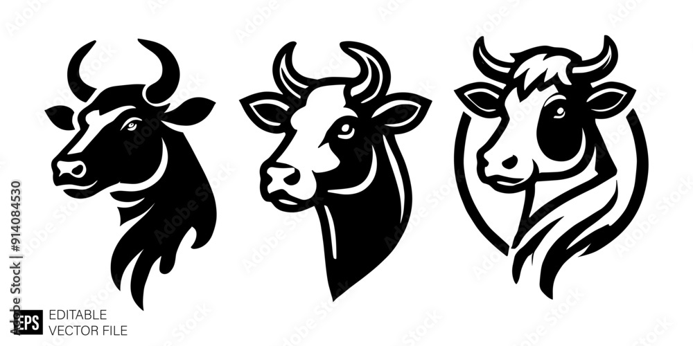 Set of cow farm head logo vector design templates black and white Set of cow farm head logo vector design templates black and white