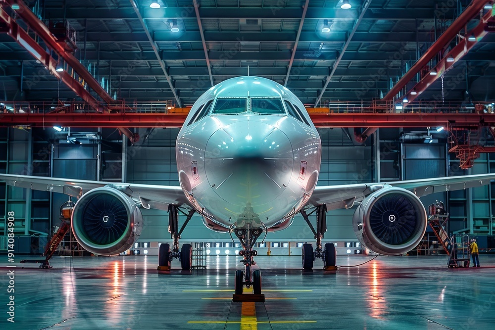 Aircraft undergoing engine and fuselage repairs in hangar Aircraft undergoing engine and fuselage repairs in hangar