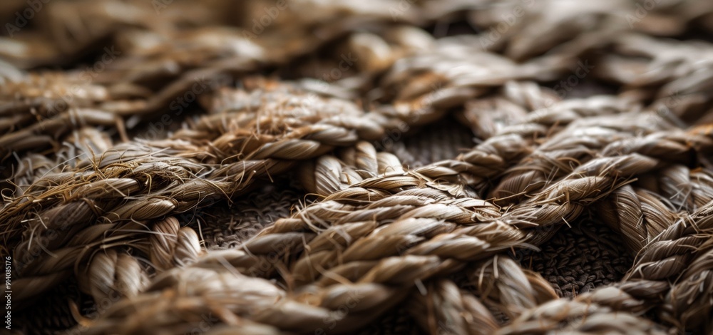 Close-up of intricately woven natural fiber ropes forming a tight, textured pattern. Concepts of craftsmanship, strength, and traditional weaving techniques.
