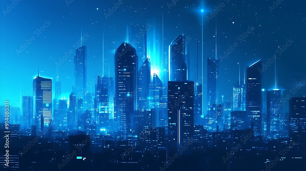Fototapeta premium Futuristic Cityscape on Blue Background - Digital Illustration of Modern Urban Landscape with Neon Lights and Skyscrapers