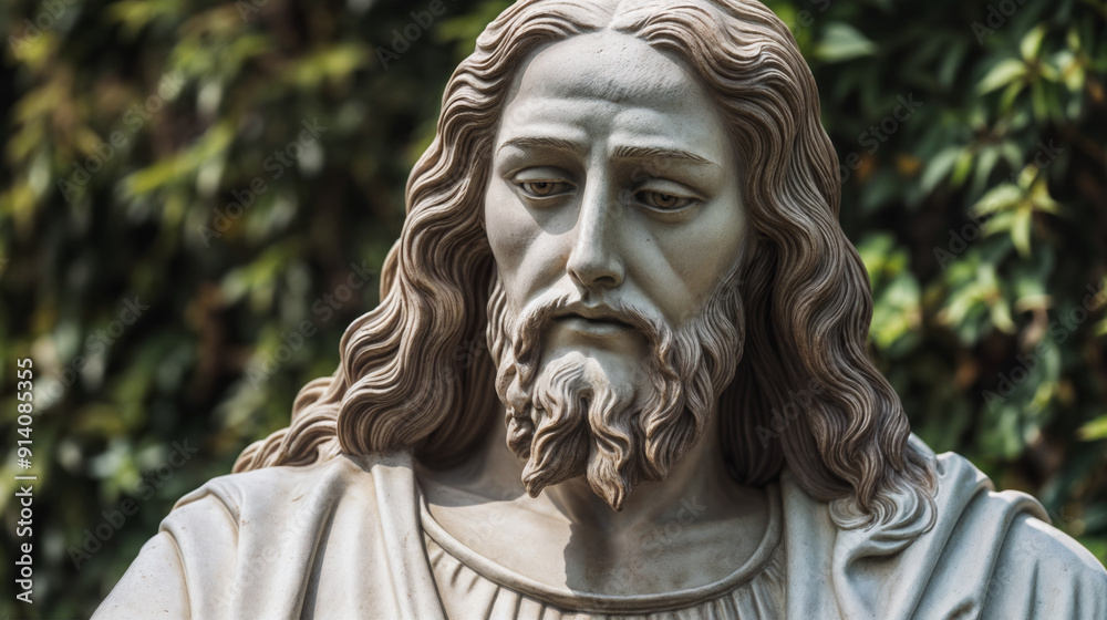 Stone statue of Jesus Christ with serene expression in garden setting Stone statue of Jesus Christ with serene expression in garden setting