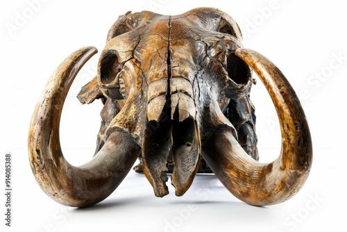 Antique mammoth skull tusks intact isolated on white background