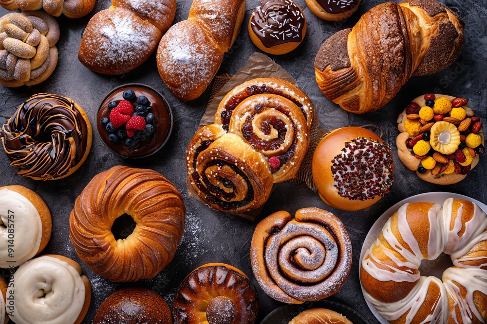 Fototapeta premium Assorted freshly baked sweet buns from above