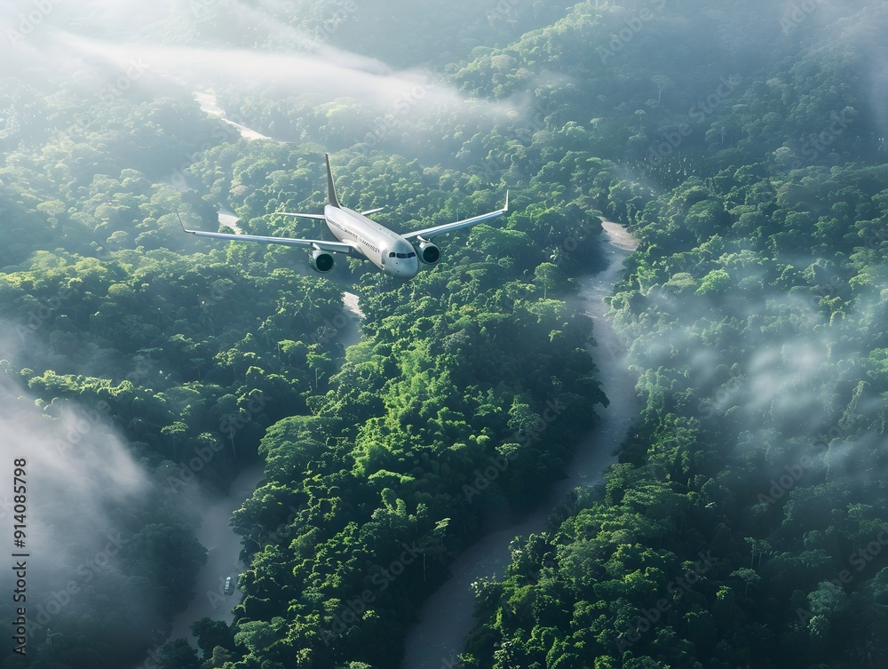 Fototapeta premium Aerial View of Lush Rainforest with an Airplane Flying Above the Dense Canopy and Winding Rivers