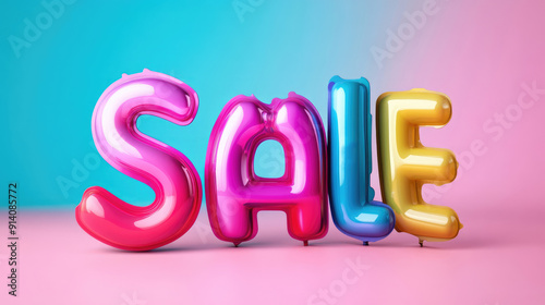 A vibrant and colorful sale banner featuring balloon letters against a pink and blue background