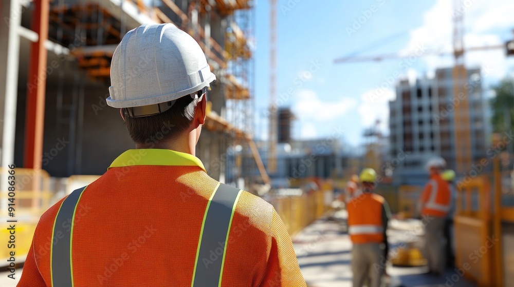 Generate a photo realistic image of a safety supervisor overseeing safety protocols at a construction site, with safety inspections, safety signage, and workers following safety procedures visible Generate a photo realistic image of a safety supervisor overseeing safety protocols at a construction site, with safety inspections, safety signage, and workers following safety procedures visible