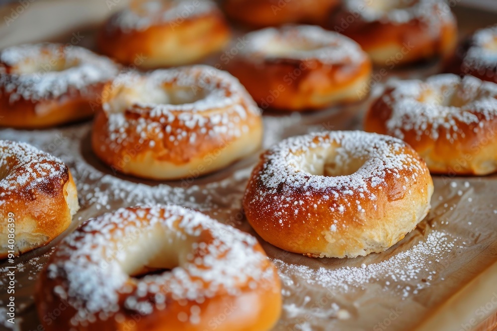 Bagels topped with powdered sugar on parchment paper step 4 Bagels topped with powdered sugar on parchment paper step 4