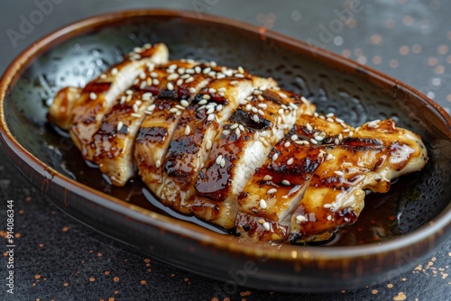 Grilled teriyaki chicken with a glossy soy sauce and sesame seeds, artfully arranged on a sleek black plate, presented in a chic, upscale Japanese restaurant with a dark, refined ambiance photo