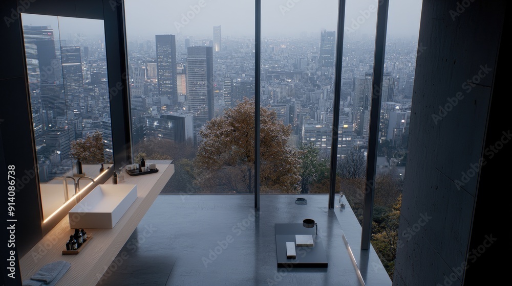 A minimalist bathroom vanity features a clean, white sink atop a wooden cabinet, paired with simple accessories and a large window revealing a vibrant cityscape A minimalist bathroom vanity features a clean, white sink atop a wooden cabinet, paired with simple accessories and a large window revealing a vibrant cityscape