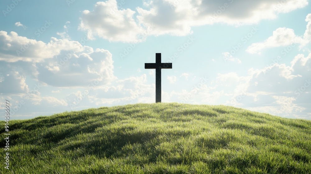 Cross on a grassy knoll, reflecting solitude and faith, with ample room for text. Cross on a grassy knoll, reflecting solitude and faith, with ample room for text.