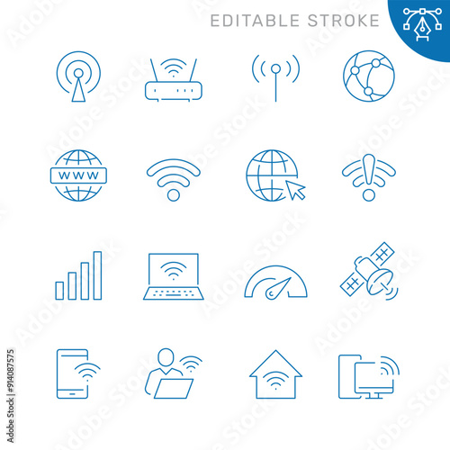 Vector line set of icons related with wireless network. Contains monochrome icons like wi-fi, network, internet, modem, wireless and more. Simple outline sign. Editable stroke.