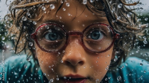 Child's Face With Raindrops