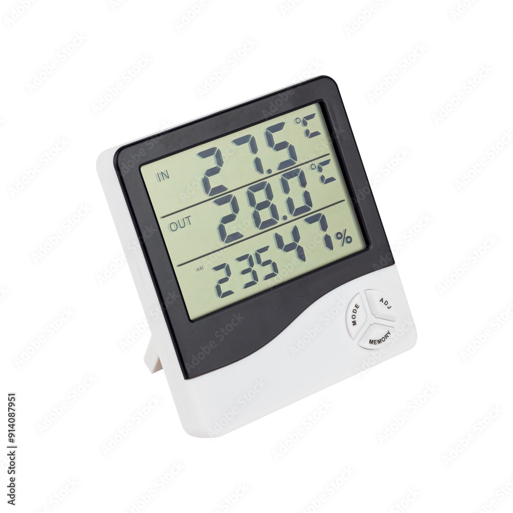Electronic digital thermometer hygrometer with remote sensor, isolated from background Electronic digital thermometer hygrometer with remote sensor, isolated from background